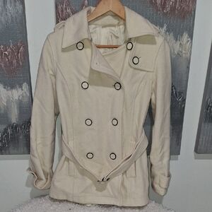 DKNY Women's Ivory Double-Breasted Pea Coat